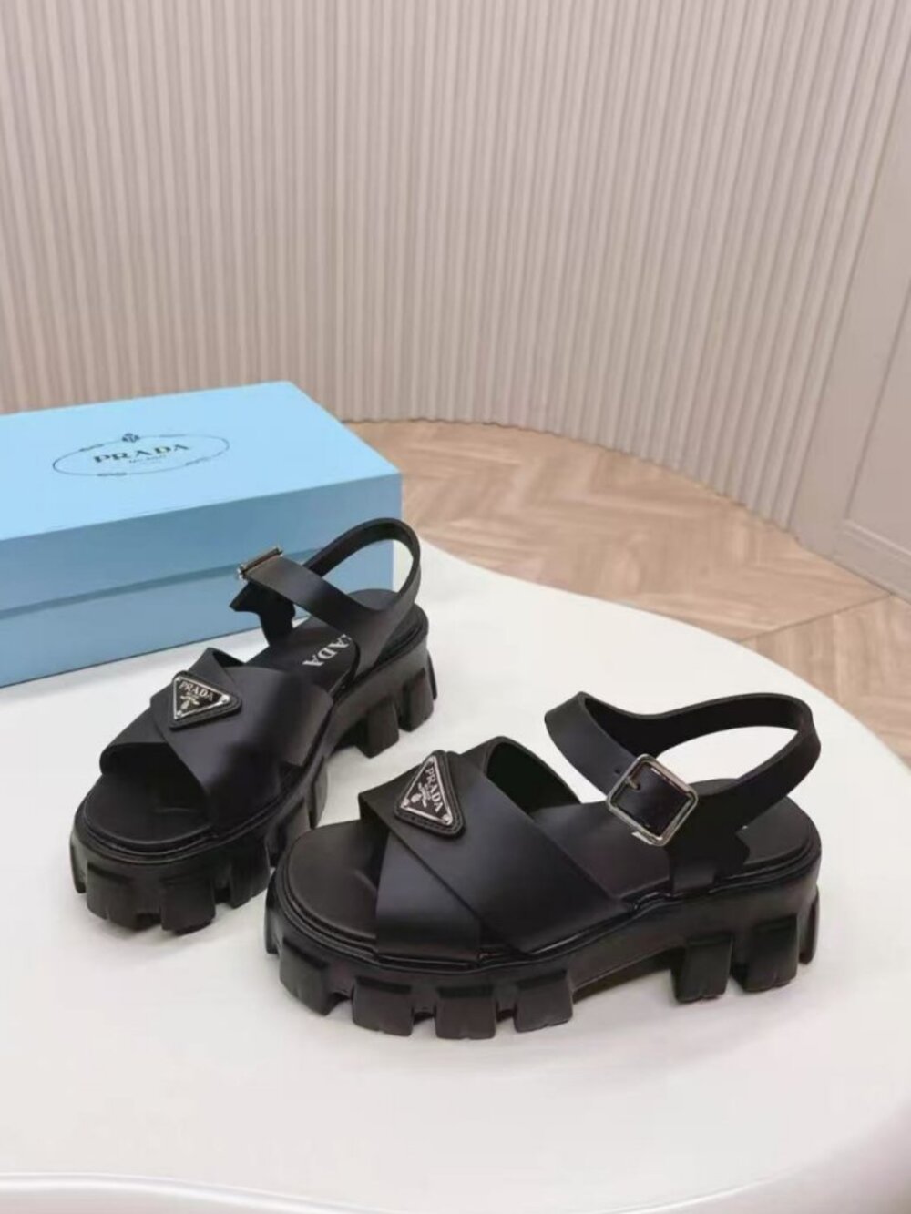 Prada Black Rubber Chunky Cross‑Band Platform Sandals